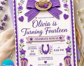 Crochet Cowgirl Birthday Invitation, Purple Western Boots, Editable Canva Template (Digital Download)