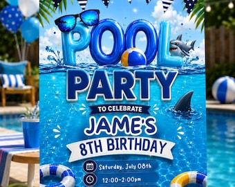 Boys Pool Party Invitation | Blue Birthday Swim Invite (Digital Download)