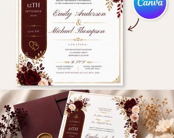Burgundy Floral Wedding Invitation Template, Elegant Rose Gold Canva Design (Digital)
