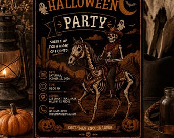 May include: A rectangular Halloween party invitation flyer featuring a skeleton cowboy riding a skeleton horse in a desert landscape. The black and orange design includes text: HALLOWEEN PARTY, SADDLE UP FOR A NIGHT OF FRIGHTS, DATE SATURDAY, OCTOBER 25, 2026, TIME 08:00 PM, ADDRESS 123 SPOOKY TRAIL DARK HOLLOW, TX 75001, RSVP (214) 555-7890, HOWLINBASH@MAIL.COM, and COSTUMES ENCOURAGED.