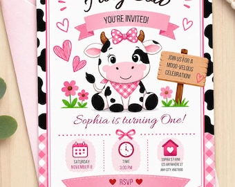 Holy Cow Birthday Invitation, Pink Farm Girl First Birthday Template (Digital Download)