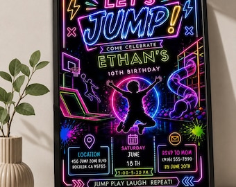 Neon Trampoline Birthday Invitation, Glow Jump Party Invite, Editable Canva Template (Digital Download)