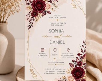 Burgundy Floral Wedding Invitation, Elegant Marsala Rose Invite (Digital Template)
