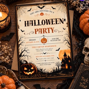 May include: A rectangular Halloween party invitation card with a vintage cream background, black border, and orange text. It features illustrations of a jack-o'-lantern, a haunted house, bats, and spiderwebs, with details for Friday, October 24, 2026.