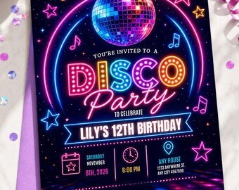 Disco Birthday Invitation, Neon Retro Party Invite, Editable Canva Template (Digital Download)
