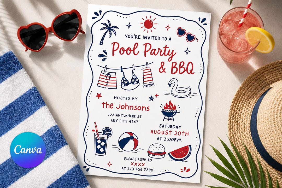 Pool Party BBQ Invitation, Summer Backyard Red White Blue Template ...