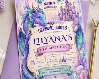 Puede incluir: Una tarjeta de invitación de cumpleaños rectangular con un dragón morado, un castillo y cristales. El texto dice: You're invited to a magical celebration, Calling all dragons, Lilyana's 7th birthday, Saturday May 24, 2026, 2:00 PM to 6:00 PM, Enchanted Grove, 123 Dragon Lane, Orlando, FL 32801, Get ready for a day of magic, adventure & fun! RSVP to the dragon keeper 407-555-7820 by May 10th.