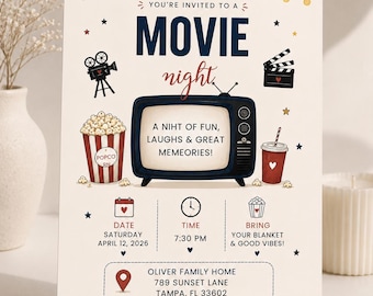 May include: A cream-coloured movie night invitation card featuring a vintage television, popcorn, and a drink. Text includes: YOU'RE INVITED TO A MOVIE night, A NIHT OF FUN, LAUGHS & GREAT MEMEORIES!, DATE SATURDAY APRIL 12, 2026, TIME 7:30 PM, BRING YOUR BLANKET & GOOD VIBES!, OLIVER FAMILY HOME 789 SUNSET LANE TAMPA, FL 33602, RSVP BY APRIL 5 TO JESSICA AT (813) 555-2486.