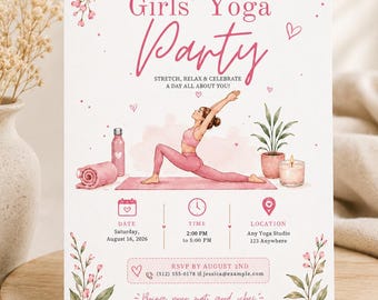 Girls Yoga Party Invitation, Pink Wellness Birthday Invite (Digital Template)