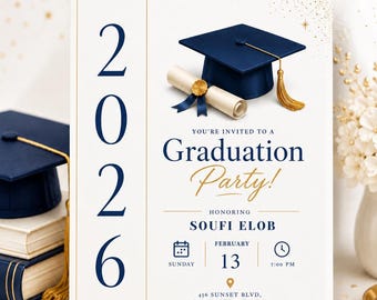 Graduation Party Invitation Template, Blue White Class of 2026 Grad Announcement (Digital Download)