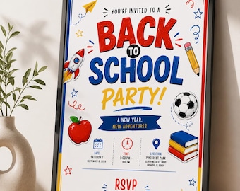 Back to School Party Invitation, Editable Canva Template (Digital Download)
