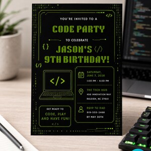 Coding Birthday Invitation, Computer Birthday Party Invite, Programming Party, Tech Birthday Invitation, Editable Canva Template