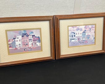 Pair of vintage 1980s Windsor Art framed folk art prints by Lili Gaydos
