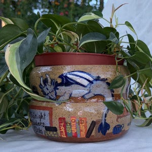 Handmade Stoneware Dragon Planter | Cottagecore Book Lover Pottery (One-of-a-Kind)