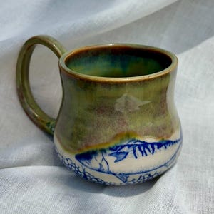 Handmade Stoneware Mug | Nature Inspired Botanical Fish Design | Artisan Pottery Coffee Cup