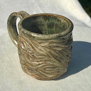 Hand Carved Stoneware Mug | River Moss Ceramic Coffee Cup Fall Inspired Pottery
