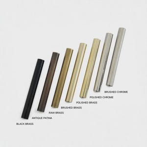 K&ouml;nnte beinhalten: Sieben zylindrische Schrankgriffe aus Metall, diagonal angeordnet und beschriftet als Black Brass, Antique Patina, Raw Brass, Brushed Brass, Polished Brass, Polished Chrome und Brushed Chrome, die eine Vielzahl von Metalloberfl&auml;chen zeigen.