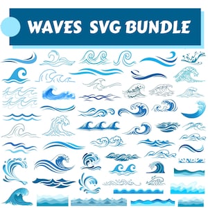 Puede incluir: Una colección digital de varias ilustraciones de olas azules etiquetada como WAVES SVG BUNDLE. La imagen presenta numerosos diseños gráficos de olas oceánicas, incluyendo arte lineal simple, rizos estilizados y salpicaduras detalladas.