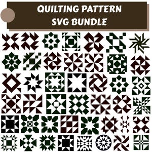 May include: A digital collection of quilting patterns labelled QUILTING PATTERN SVG BUNDLE. The image displays a grid of forty-two distinct geometric designs in dark green and black, featuring various star, square, and pinwheel shapes.