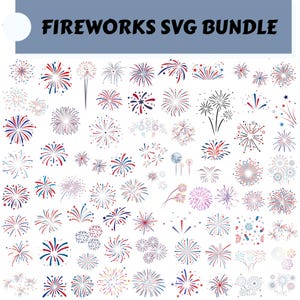Może przedstawiać: Kolekcja wzorów SVG fajerwerków w kolorach czerwonym, białym i niebieskim, niektóre w kolorze fioletowym i czarnym. Tekst "FIREWORKS SVG BUNDLE" jest wyświetlany u góry. Projekty obejmują różne kształty i style fajerwerków.