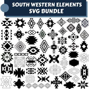 Op de afbeelding: Een digitale collectie van zwart-witte geometrische vormen en patronen met het label SOUTH WESTERN ELEMENTS SVG BUNDLE. De afbeelding bevat diverse ruit-, ster- en kruismotieven in een raster, met variërende lijndiktes en opvullingen.