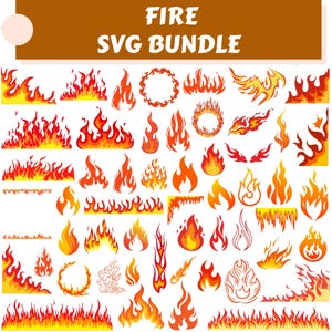 Può includere: Una collezione digitale di grafiche di fuoco etichettata FIRE SVG BUNDLE. Il set include varie forme di fiamme, bordi e disegni di fuoco circolari in tonalità di rosso, arancione e giallo. Alcuni elementi sono pieni, altri sono contorni.