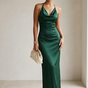 art deco cocktail dress with halter neck in dusty emerald Emerald Green Halter Dress