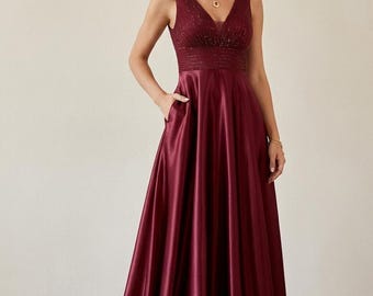 Abito da sera in raso con paillettes, abito lungo formale con scollo a V profondo