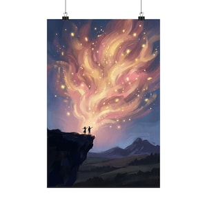 May include: A print of an artistic landscape featuring two silhouetted figures standing on a cliff, gazing at a vibrant, glowing cloud formation in shades of orange, pink, and yellow. The scene includes mountains and a dark blue sky.
