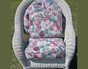 Vintage White Wicker Armchair Large Dome Back Floral Cushions 34 in Wide 1980s