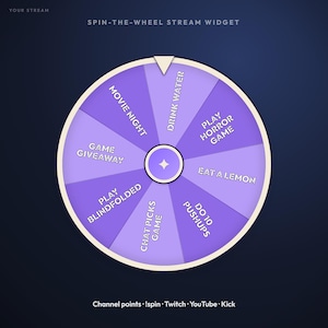 Könnte beinhalten: Ein violettes Spin-the-Wheel-Stream-Widget mit acht Segmenten, beschriftet mit: Movie Night, Drink Water, Play Horror Game, Eat a Lemon, Do 10 Pushups, Chat Picks Game, Play Blindfolded und Game Giveaway. Der Text Your Stream steht oben.