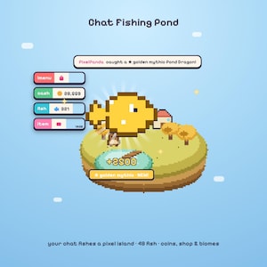 Könnte beinhalten: Eine Pixel-Art-Oberfläche mit dem Titel Chat Fishing Pond zeigt einen goldenen Drachen über einer kleinen Insel. Das Display enthält ein Menü mit Bargeld- und Fischzählern, eine Benachrichtigung, dass PixelPanda einen golden mythic Pond Dragon gefangen hat, sowie den Text am unteren Rand: your chat Ashes a pixel island 48 Ash coins, shop & biomes.
