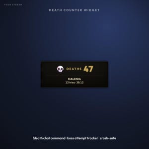 May include: A digital death counter widget displayed on a dark blue background. The black rectangular interface features a white skull icon, the text DEATHS 47, and the label MALENIA with 13 tries and 38:12 duration. Text includes YOUR STREAM, DEATH COUNTER WIDGET, and !death chat command.