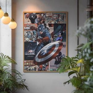 May include: A framed Captain America poster featuring a collage of comic book panels and action shots. The central image shows Captain America in his iconic costume, holding his shield. The poster includes the text "CAPTAIN AMERICA".