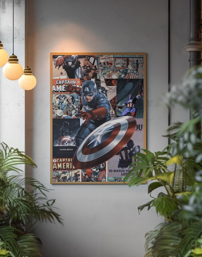 May include: A framed Captain America poster featuring a collage of comic book panels and action shots. The central image shows Captain America in his iconic costume, holding his shield. The poster includes the text "CAPTAIN AMERICA".
