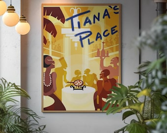 Princess Tiana Poster | Tiana's Place New Orleans Wall Decor | Retro Art Deco Jazz Art Print | Cute Disney Kitchen Dining Room Decor