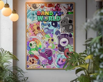 Dandy's World Poster | Toon Sticker Collage Wall Decor | Pastel Mascot Horror Fine Art Print | Cute Retro Kids Gaming Room Aesthetic