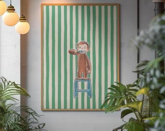 Curious George Framed Poster | Cute Kids Bathroom Wall Decor | Retro Childrens Storybook Art Print | Green Striped Nursery Aesthetic