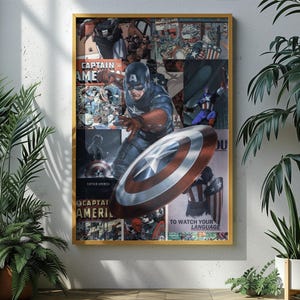 May include: A framed Captain America collage poster. The artwork features Captain America in action with his shield, set against a backdrop of comic book panels. The poster is in a gold frame and is displayed in a room with plants.