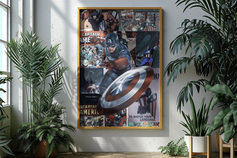 May include: A framed Captain America collage poster. The artwork features Captain America in action with his shield, set against a backdrop of comic book panels. The poster is in a gold frame and is displayed in a room with plants.