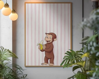 Curious George Poster | Kids Playroom Nursery Wall Decor | Retro Storybook Monkey Art Print | Cute Pink Striped Bedroom Wall Art