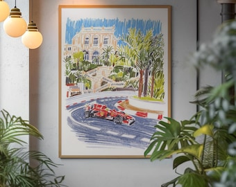 Monaco Grandprix gerahmtes Poster | Retro französischen Riviera Reise-Wand-Dekor | Minimalistische Formel Racing Kunstdruck | Schickes Küstenlandschaft
