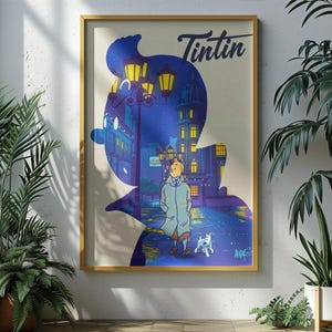 K&ouml;nnte beinhalten: Ein rechteckiger Wandkunstdruck in einem goldenen Rahmen, der eine Silhouette von Tim zeigt, gef&uuml;llt mit einer n&auml;chtlichen Stra&szlig;enszene, einer Stra&szlig;enlaterne, einem Geb&auml;ude und der Figur Tim, die mit einem wei&szlig;en Hund spazieren geht. Oben steht Tintin.