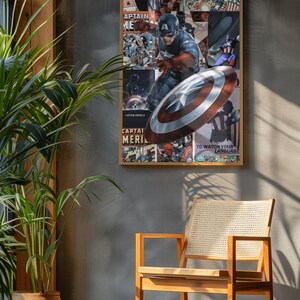 May include: A framed Captain America poster featuring comic book art and the superhero with his shield. The poster includes the text "Captain America" and "To Watch Your Language". A wooden chair and potted plant are in the foreground.