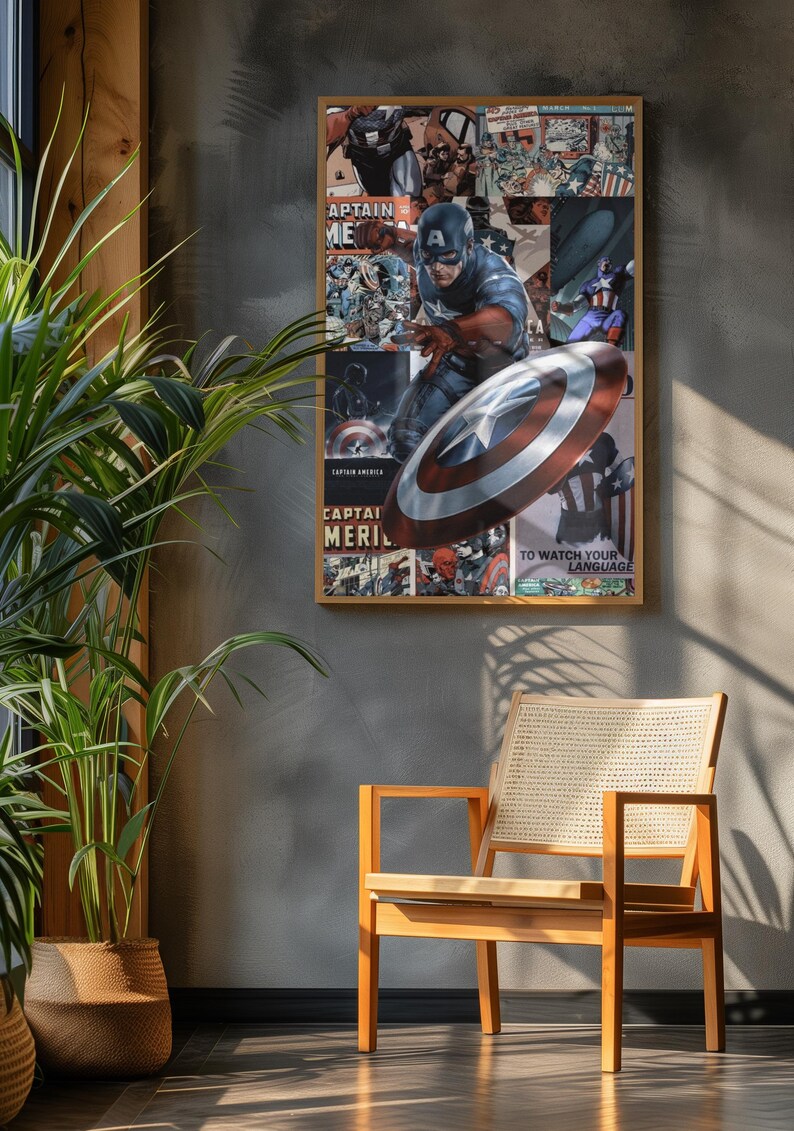 May include: A framed Captain America poster featuring comic book art and the superhero with his shield. The poster includes the text "Captain America" and "To Watch Your Language". A wooden chair and potted plant are in the foreground.