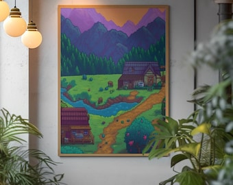 Stardew Valley Poster | Farmhouse Meadow Wall Decor | Retro Pixel Art Fine Art Print | Cute Cozy Gaming Room Aesthetic | Fan Gift