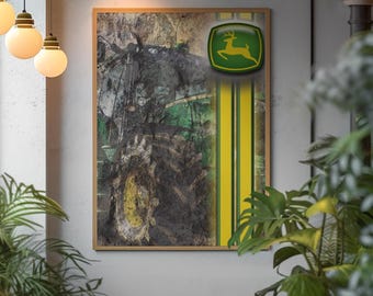 John Deere gerahmtes Poster | Schlammige grüne Traktor-Wand-Dekor | Vintage Farming Country Kunstdruck | Rustikale Männerhöhle-Garage-Ästhetik