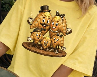 Camiseta familiar de croissants, camiseta gráfica para amantes del café, ropa de desayuno de panadería, camiseta de cafetería, regalo para baristas, pastelería francesa, ropa para brunch gourmet
