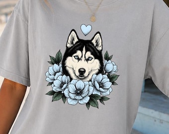 Camiseta Husky, Camiseta con estampado de cachorro original, Camiseta retro para amantes de los perros, Camiseta cómoda con estampado de animales para mujer, Regalo para mamás de Husky, Camiseta de cachorro Husky
