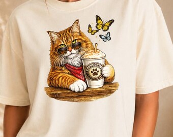 Camiseta de gato con café, camiseta gráfica de gato siberiano, ropa de barista, camiseta de gato atigrado naranja, amante de los gatos siberianos, regalo para criadores de gatos, regalo para mamás de gatos